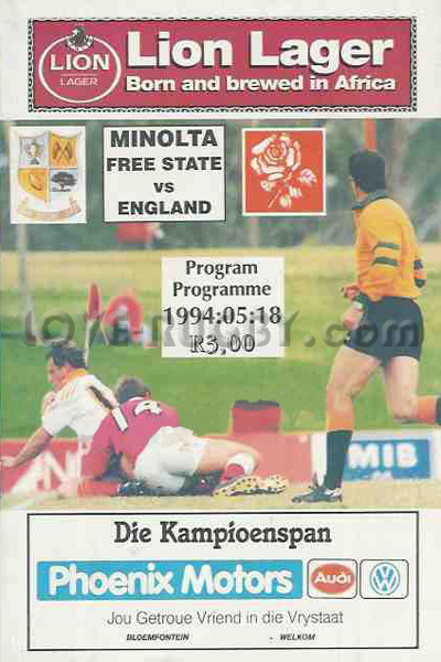 1994 Orange Free State v England  Rugby Programme